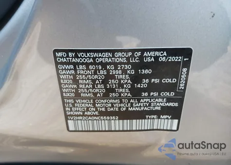 2022 Volkswagen Atlas 3.6L V6 Se W/Technology from USA, damaged, VIN 1V2HR2CA0NC559352